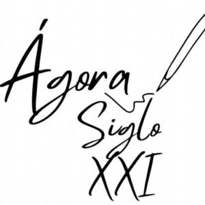 Logo de Ágora Siglo 21 escrito en cursiva con una pluma y un garabato como decoración