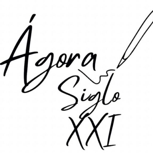 Logo de Ágora Siglo 21 escrito en cursiva con una pluma y un garabato como decoración